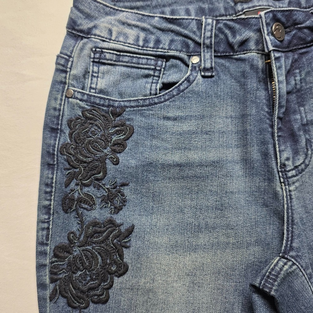 Earl Jeans Embroidered Black Floral Design Dark Denim Skinny Ankle Womens Size 8 - Picture 4 of 13